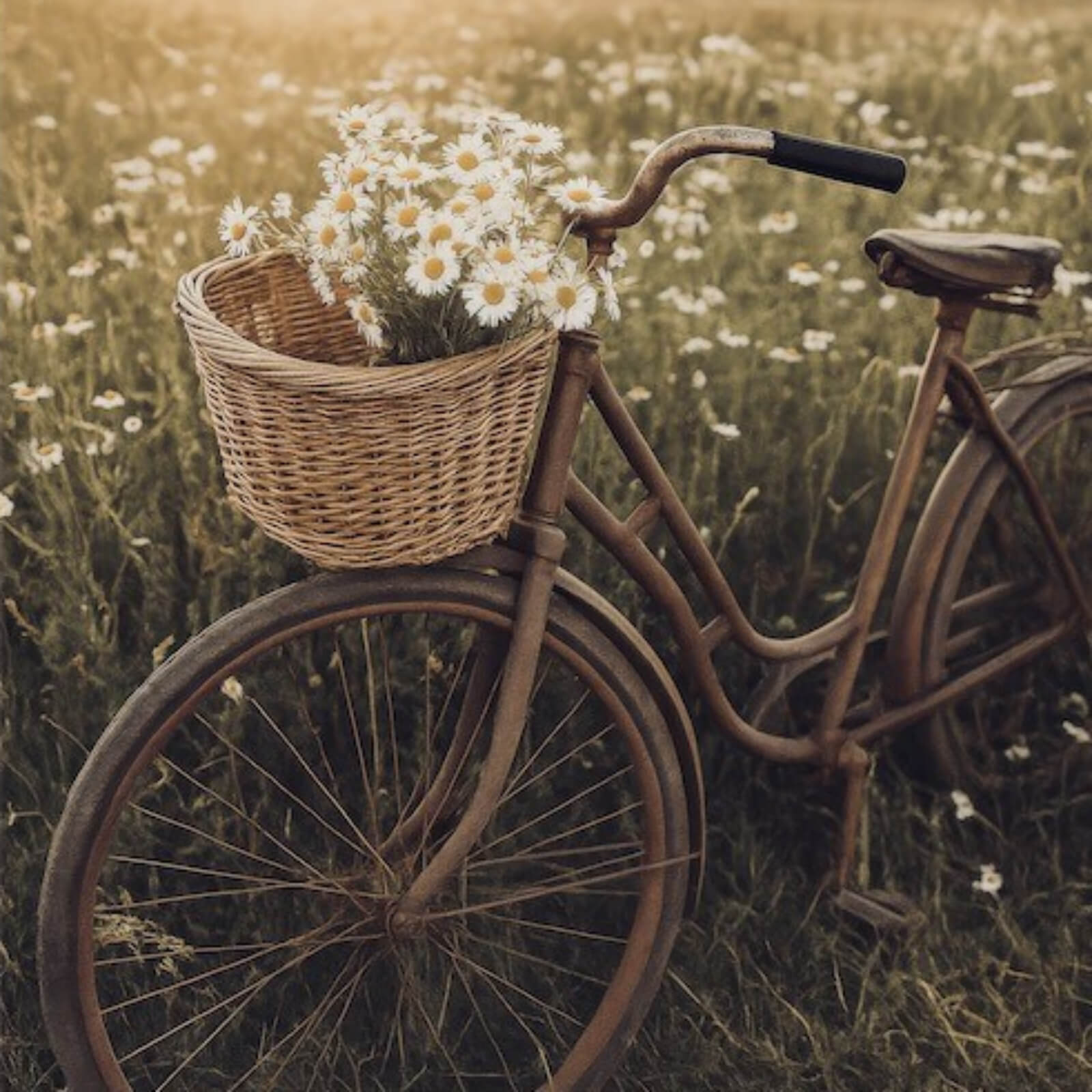 fahrrad mit körben Leinwandbild Fahrrad im Feld mit Korb voller Blumen Quadrat