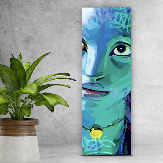 Poster Fantasievolles Porträt in leuchtenden Farben mit Graffiti Elementen Panorama Hoch