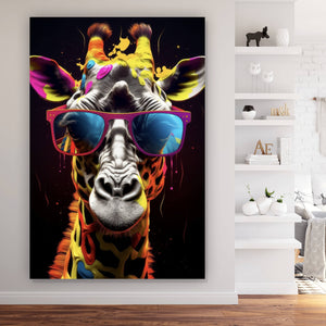 Aluminiumbild Farbenfrohe Giraffe mit Sonnenbrille Hochformat