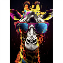 Lade das Bild in den Galerie-Viewer, Aluminiumbild gebürstet Farbenfrohe Giraffe mit Sonnenbrille Hochformat
