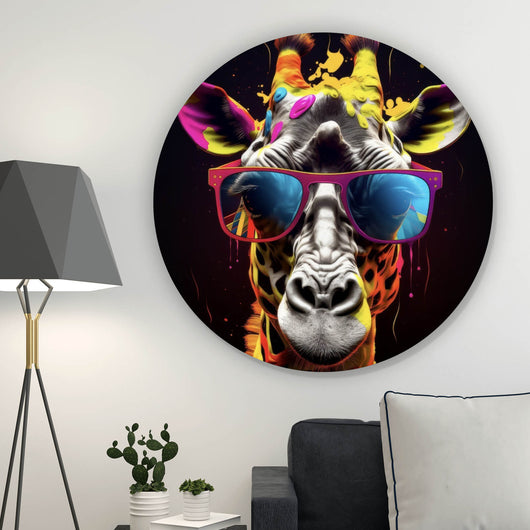 Aluminiumbild gebürstet Farbenfrohe Giraffe mit Sonnenbrille Kreis