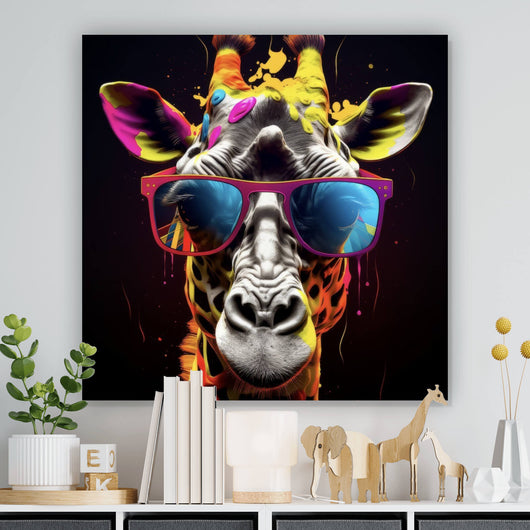 Leinwandbild Farbenfrohe Giraffe mit Sonnenbrille Quadrat
