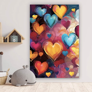Spannrahmenbild Farbenfrohe Herzen Collage Hochformat
