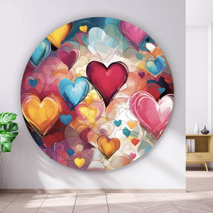 Aluminiumbild gebürstet Farbenfrohe Herzen Collage Kreis