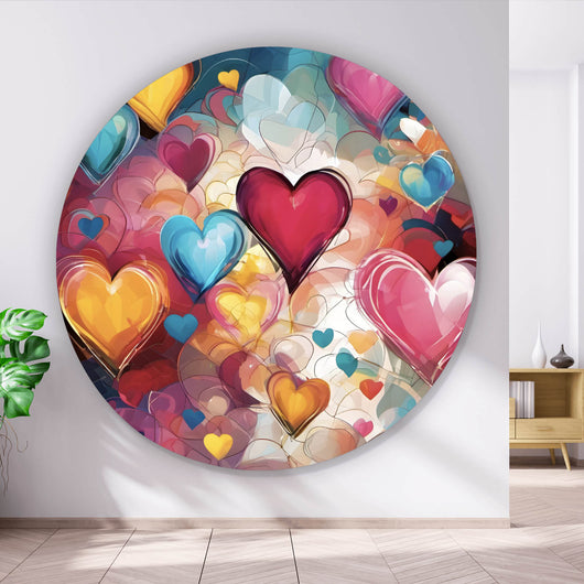 Aluminiumbild Farbenfrohe Herzen Collage Kreis