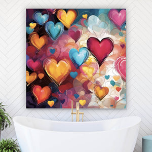 Spannrahmenbild Farbenfrohe Herzen Collage Quadrat