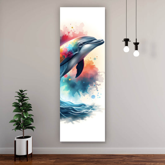 Poster Farbenfroher Delfin springt durch bunte Grafik Panorama Hoch
