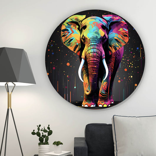 Aluminiumbild Farbenfroher Elefant Neon Abstrakt Kreis
