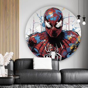 Aluminiumbild Farbenfroher Superheld mit Spinne Kreis