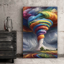 Lade das Bild in den Galerie-Viewer, Spannrahmenbild Farbenfroher Tornado über blühender Landschaft Hochformat
