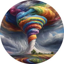 Lade das Bild in den Galerie-Viewer, Aluminiumbild gebürstet Farbenfroher Tornado über blühender Landschaft Kreis
