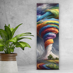 Poster Farbenfroher Tornado über blühender Landschaft Panorama Hoch