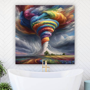 Spannrahmenbild Farbenfroher Tornado über blühender Landschaft Quadrat