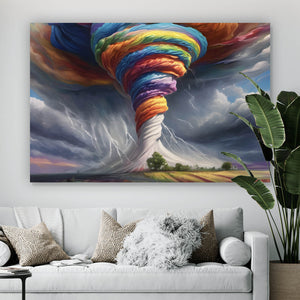 Acrylglasbild Farbenfroher Tornado über blühender Landschaft Querformat