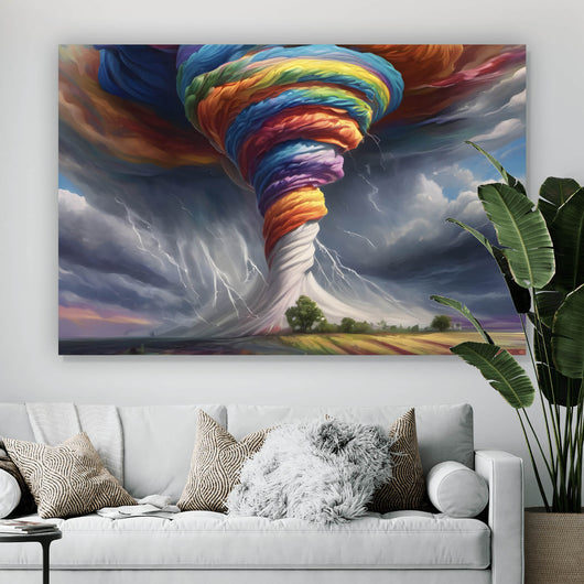 Poster Farbenfroher Tornado über blühender Landschaft Querformat