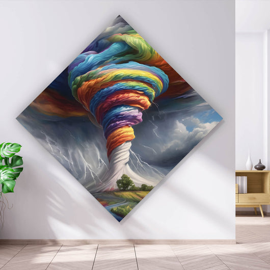 Acrylglasbild Farbenfroher Tornado über blühender Landschaft Raute