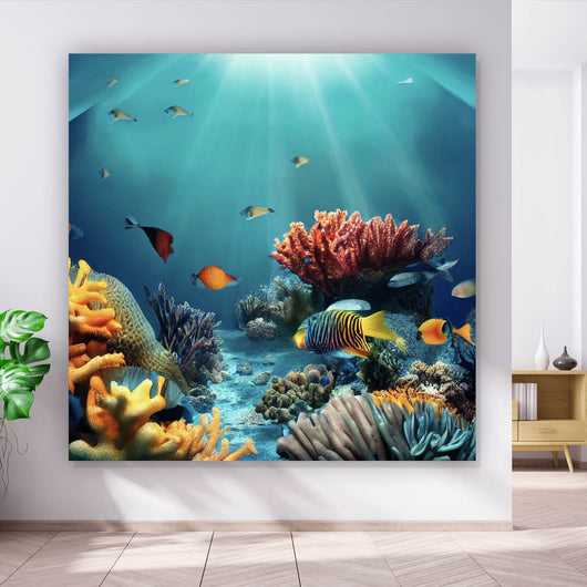 Acrylglasbild Farbenfrohes Korallenriff mit exotischen Fischen und Lichtstrahlen Quadrat