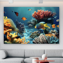 Lade das Bild in den Galerie-Viewer, Acrylglasbild Farbenfrohes Korallenriff mit exotischen Fischen und Lichtstrahlen Querformat
