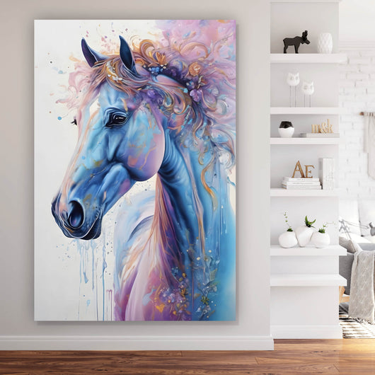 Aluminiumbild gebürstet Farbenfrohes Pferdeporträt mit Blumen Hochformat