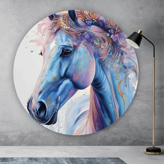Aluminiumbild Farbenfrohes Pferdeporträt mit Blumen Kreis