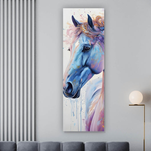 Aluminiumbild gebürstet Farbenfrohes Pferdeporträt mit Blumen Panorama Hoch