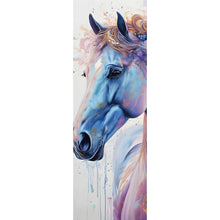 Lade das Bild in den Galerie-Viewer, Aluminiumbild gebürstet Farbenfrohes Pferdeporträt mit Blumen Panorama Hoch
