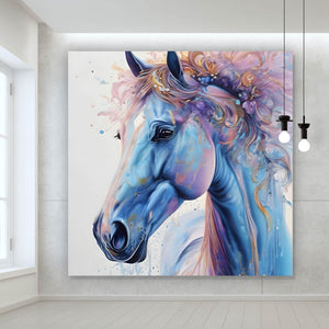 Aluminiumbild Farbenfrohes Pferdeporträt mit Blumen Quadrat