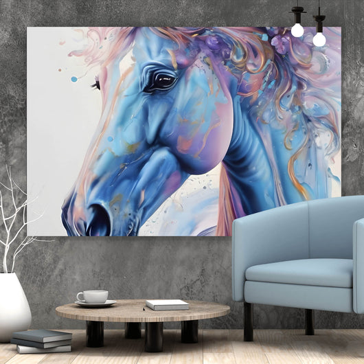 Leinwandbild Farbenfrohes Pferdeporträt mit Blumen Querformat