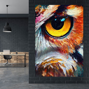 Acrylglasbild Faszinierendes buntes Eulen Porträt Hochformat