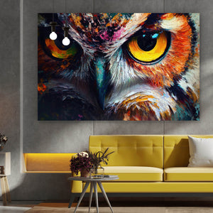 Leinwandbild Faszinierendes buntes Eulen Porträt Querformat
