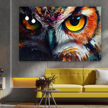 Lade das Bild in den Galerie-Viewer, Spannrahmenbild Faszinierendes buntes Eulen Porträt Querformat
