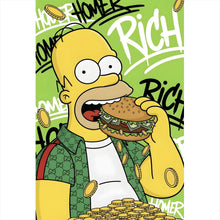 Lade das Bild in den Galerie-Viewer, Leinwandbild Figur Isst Burger mit Geld Hochformat
