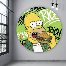 Lade das Bild in den Galerie-Viewer, Aluminiumbild gebürstet Figur Isst Burger mit Geld Kreis
