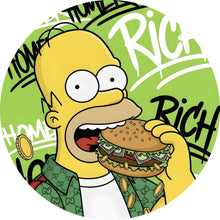 Lade das Bild in den Galerie-Viewer, Aluminiumbild Figur Isst Burger mit Geld Kreis
