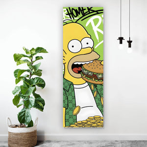 Leinwandbild Figur Isst Burger mit Geld Panorama Hoch