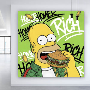 Acrylglasbild Figur Isst Burger mit Geld Quadrat