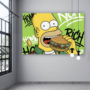 Spannrahmenbild Figur Isst Burger mit Geld Querformat