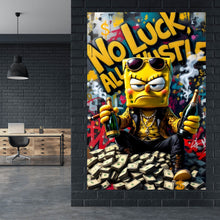 Lade das Bild in den Galerie-Viewer, Aluminiumbild gebürstet Figur mit Geld und Flaschen No Luck all Hustle Hochformat
