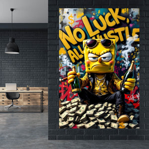 Aluminiumbild gebürstet Figur mit Geld und Flaschen No Luck all Hustle Hochformat