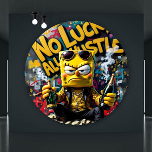 Aluminiumbild Figur mit Geld und Flaschen No Luck all Hustle Kreis