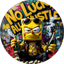 Lade das Bild in den Galerie-Viewer, Aluminiumbild Figur mit Geld und Flaschen No Luck all Hustle Kreis
