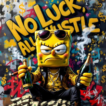 Lade das Bild in den Galerie-Viewer, Aluminiumbild gebürstet Figur mit Geld und Flaschen No Luck all Hustle Quadrat
