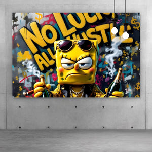 Aluminiumbild gebürstet Figur mit Geld und Flaschen No Luck all Hustle Querformat