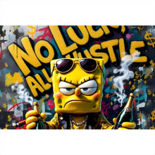 Lade das Bild in den Galerie-Viewer, Aluminiumbild gebürstet Figur mit Geld und Flaschen No Luck all Hustle Querformat
