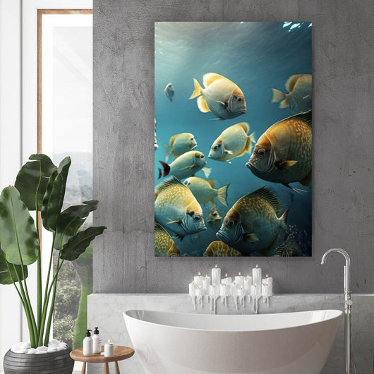 Spannrahmenbild Fischschwarm in einer Unterwasserwelt Hochformat