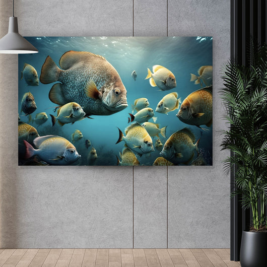 Acrylglasbild Fischschwarm in einer Unterwasserwelt Querformat