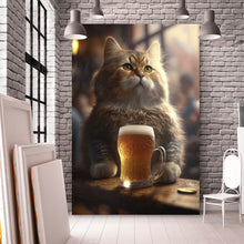 Lade das Bild in den Galerie-Viewer, Leinwandbild Flauschige Katze genießt Bier in gemütlicher Kneipe Hochformat
