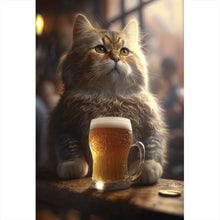 Lade das Bild in den Galerie-Viewer, Leinwandbild Flauschige Katze genießt Bier in gemütlicher Kneipe Hochformat
