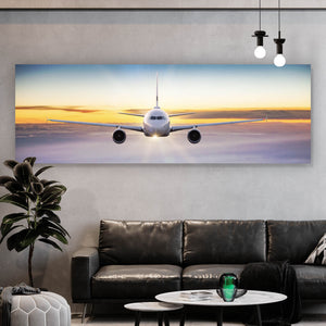 Acrylglasbild Flugzeug fliegt über den Wolken Panorama