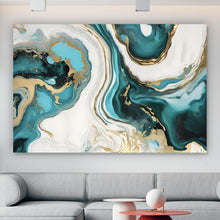 Lade das Bild in den Galerie-Viewer, Aluminiumbild gebürstet Fluid Art Türkis gold Querformat

